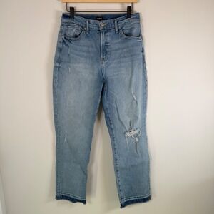 Express Straight Ankle High Rise‎ Raw Hem Ripped Light Wash Denim Blue Jeans 8R